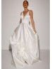 V Neck Ivory Satin Elegant Wedding Dress